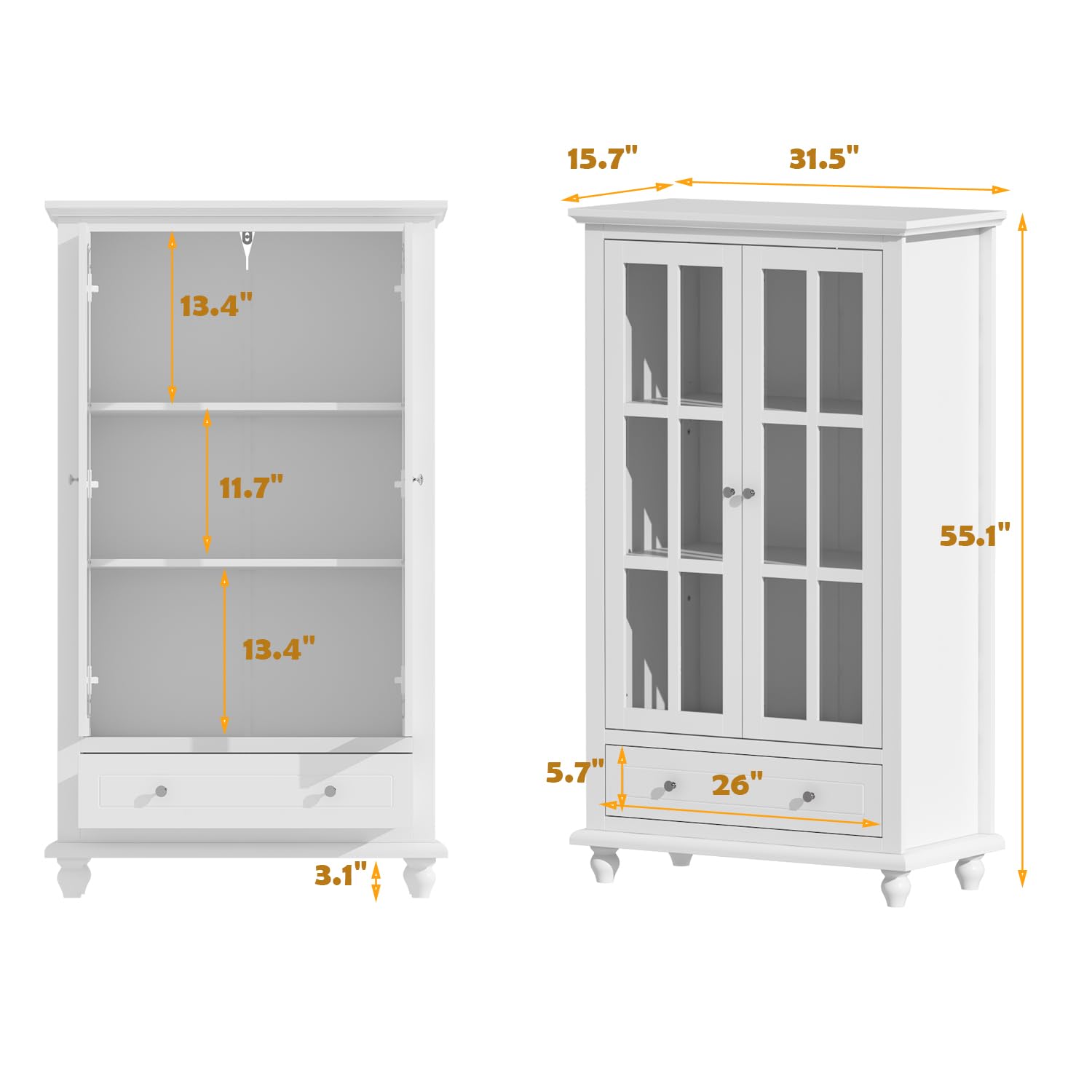 Glass Cabinet Display - 유리문과 서랍이 있는 빈티지 책장, 거실