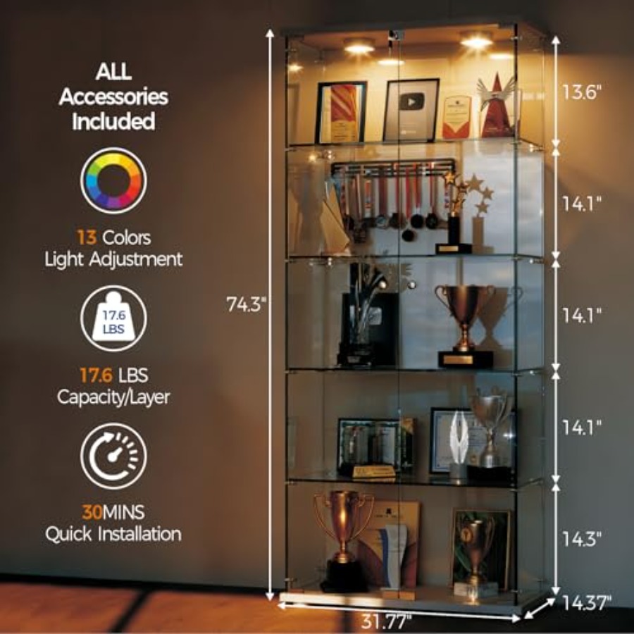 5단 선반 디스플레이 캐비닛, LED 조명 및 이중문  - Glass Cabinet Display 리뷰 및 가격