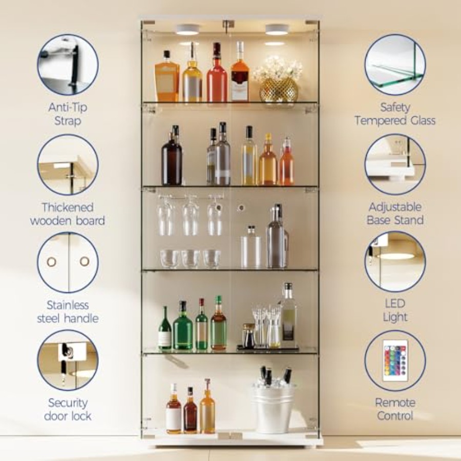 5단 선반 디스플레이 캐비닛, LED 조명 및 이중문  - Glass Cabinet Display 리뷰 및 가격