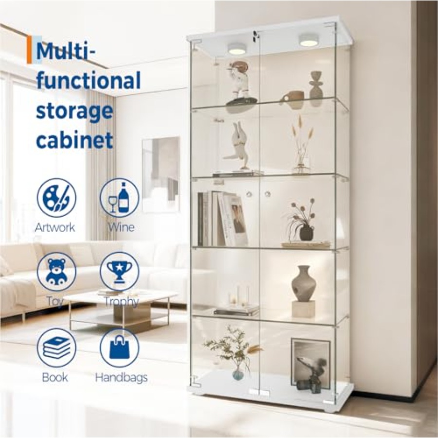 5단 선반 디스플레이 캐비닛, LED 조명 및 이중문  - Glass Cabinet Display 리뷰 및 가격