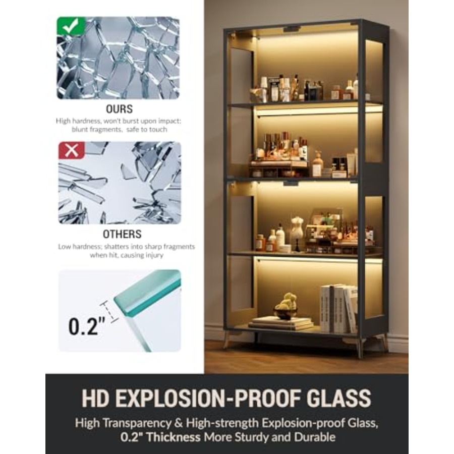 수집품과 책을 위한 문이 있는 유리 진열장, 검은색 금 - Glass Cabinet Display 리뷰 및 가격